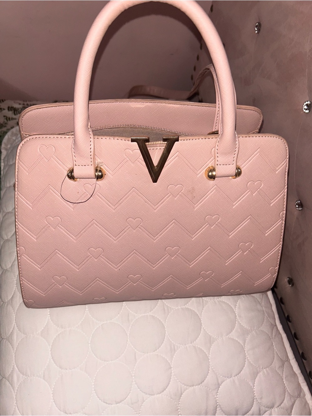 Pink Women's Satchel Handbag with Heart Embossing